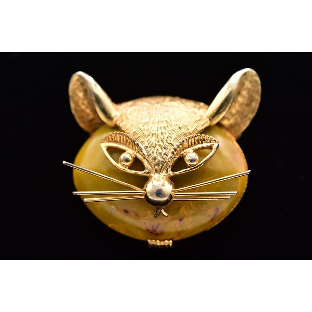 DeNicola Vintage Cat Brooch Pin Gold Tone Yellow Cabochon Signed 1950s BinBK